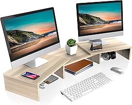 FITUEYES Dual Monitor Stand Wood PC Laptop Computer Screen Riser, 3 Shelf Swivel Length Adjustable, Home Office Supplies, Desk Organzier, Max Load 25kg, Black
