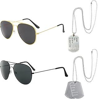 EUPSIIU 4 Pieces Aviators Glasses Pilot Fancy Dress Sunglasses and Dog Tag Solider Military Cosplay Army Costume Aviators Accessories for Men Women Adults Cosplay Dress up Party Theme Halloween