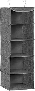 SONGMICS Hanging Wardrobe Storage Organiser, Hanging Storage Shelves, Foldable Wardrobe Clothes Organiser, Space-Saving, Metal Hooks, Bamboo Inserts, Linen Pattern,Grey RYCH06G