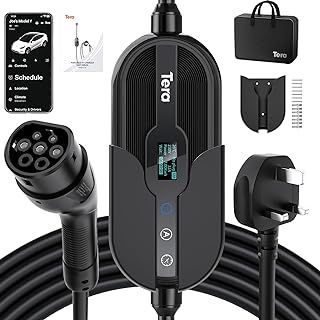 Tera Type 2 EV Charger Portable: Smart APP 230V 3kW Wall Connector UK 3 Pin Plug 6/8/10/13A Wi-Fi & BT Enabled 7 Meter Cable 12 Hours Delay Timer with Controllable Digital Display (Black)