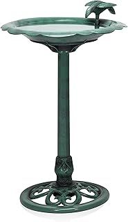 Alpine TEC114 Corporation 79 cm Tall Outdoor Antique Flower Birdbath with Bird Decoration Yard Statue, Green