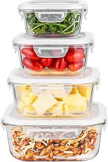 Innoteck Essentials 4pc Square Glass Storage Container Set with Snap Lock Lids - Watertight & Airtight Lids - Heat & Cold Resistant Glass - Microwave, Oven, Freeze & Dishwasher Safe - for Meal Prep