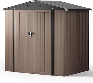 Lockable Garden Storage Shed, 4x6 FT Outdoor Storage Shed Waterproof, Galvanized Steel Metal Storage Shed for Gardening Tools, Garden Equipment, Bike, 186x130x189 cm, Brown
