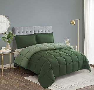 HIG 3 Pieces Green Coverless Duvet King - 240 x 220cm - Cassette Box Construction - Corner Duvet Tabs - Solid Reversible 10.5 Tog Comforter with 2 Shams - 100% Down Alternative & Breathable Bedding