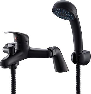 Black Bathroom Shower Mixer Tap BATHWEST Modern Bathroom Sink Taps with Shower Head Black Single Lever Deck Mount Monobloc Solid Brass Bathroom Tub Taps with Shower System 021NB