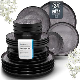 24 Piece Dinner Sets for 6 People - Beautiful Mediterranean Style Stoneware Dinner Set for 6 - Dishwasher & Microwave Safe Plates and Bowls Set for 6 - Dinnerware Sets by Pure Living in Dark Grey