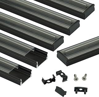 Muzata 6Pack 3.3FT/1Meter Black LED Profile System with Transparent Black Cover Aluminum Extrusion Track Housing Profile LED Diffuser for Strip Tape Light for Under Cabinet Wall Lighting U1SW BT 1M