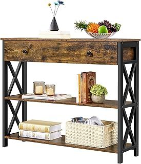 Yaheetech Industrial Console Table with Drawer Metal Frame, Vintage Sofa Table with 2 Open Shelves for Living Room, Hallway, Bedroom, 100x29.5x81cm, Rustic Brown