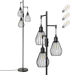 EDISHINE Industrial Floor Lamp, Dimmable Standing Lamp with Wire Cage Lampshade, Floor Lamps for Living Room, Bedroom, E27 Sockets, 3 LED Bulbs Included, Black Metal