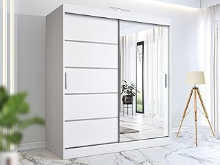 Stylish Bedroom Sliding Wardrobe with LED Light - Ample Storage Space and Sleek Design comes in White/Grey/Black/Oak and Width 120cm/150cm/180cm/203cm/250cm (120cm, White)