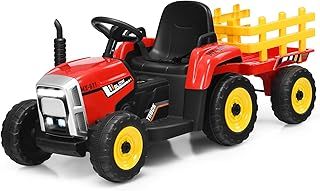 COSTWAY Ride on Tractor and Trailer, 12V Battery Powered Electric Kids Toy Car with Remote Control, LED Lights, USB & Bluetooth Music, Four Wheels Ride on Toys for Children Ages 3+(Red+Yellow)