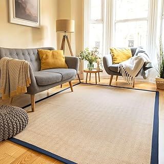 Natural Herringbone Navy Cotton Border Jute Area Rug Soft Woven Non Slip Flatweave Mat Sisal Sustainable Living Room Entrance Hallway Kitchen Carpet Rugs 80cm x 150cm