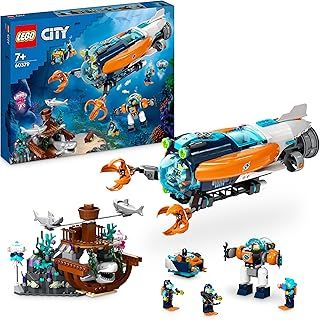 LEGO City Deep-Sea Explorer Submarine Toy, Underwater Ocean Set with Drone, Shark Figures, Shipwreck and Diver Minifigures, Birthday Gift for Kids, Boys, Girls Aged 7+ 60379