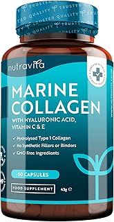 Marine Collagen 1000mg - 60 Capsules of Superior Type 1 Hydrolysed Collagen - Enhanced with Hyaluronic Acid, Vitamin C, Vitamin E, Vitamin B2, Zinc, Copper and Iodine - Made in The UK by Nutravita