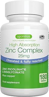 Igennus Chelated Zinc Picolinate & Bisglycinate Complex 25mg with Copper, 6 Month Supply 180 Tablets, High Absorption & Clean Label, Supplement for Men & Women, Immune Support, Skin, Cellular Health