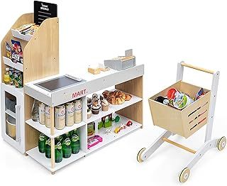 COSTWAY Pretend Play Shop, Kids Supermarket Playset with Shopping Cart, Scanner, Card Swipe Machine, Credit Card and 5 Coins, Wooden Role Play Grocery Store for Children Toddlers