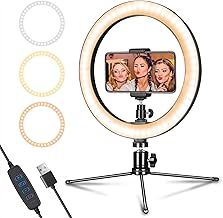 LED Dimmable Desk Makeup Ring Light 10" with Tripod Stand & Phone Holder for Live Streaming & YouTube Video,Photography, Shooting with 3 Light Modes & 10 Brightness Level