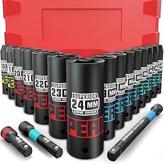 18PCS 1/2'' Impact Socket Set, 10mm-24mm Metric 6 Point Drive Deep Socket with 3" 5" 10" Extension Bar Set for Automotive Trucks Tractors Engines Repairing DIY Mechanic Tool