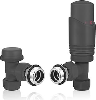 SVNR Thermostatic Radiator Valves (TRV), Textured Anthracite Grey, Angled Lockshield Valve, 15mm, for Central Heating Radiators, Towel Rails,Leak-Proof Design.