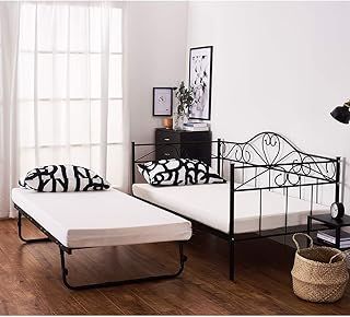 Panana 2 Styles Metal Bed Frame Day Bed 3ft Single Sofa Guest Bed Black/White New (Style2 Daybed+Trundle, Black)