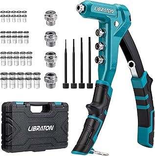 LIBRATON 9.5" Rivet Nut Tool, One-Handed Rivet Nut Gun, Hand Rivet Nut Setter with 40PCS Threaded Rivet Nuts, M3, M4, M5, M6, Metric Interchangeable Mandrels 4PCS, Carrying Case