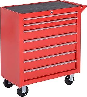 DURHAND 7-Drawer Rolling Tool Chest on Wheels, Lockable Tool Cabinet with Side Handle, Metal Tool Box Trolley for Garage, Workshop, Red