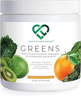 Organic Greens Superfood Powder, Prebiotics & Probiotics, Pea Protein & Actazin Kiwi Extract for Gut Health, High Dose Green Vegetables, Orange and Lime Flavour, 273g - 30 Servings