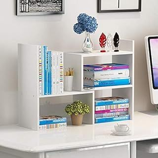 Hossejoy Wood Adjustable Bookshelf Bookcase, Expandable Desktop Storage Organizer Display Shelf Rack, Office Supplies Desk Organizer,White