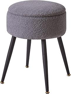 Dressing Table Chair with Storage Space, Round Faux Teddy Fur Footrest Footstool Ottoman with 4 Metal Legs, Makeup Vanity Stool Side Table for Makeup Room, Bedroom, Grey YD-RMS137G