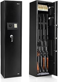COSTWAY Gun Cabinet, 5 Rifles Gun Safe with Digital Keypad, Emergency Keys, Lockable Ammo Compartment & Storage Pockets, Electronic Shotgun Safe Rifle Security Cabinet for Home Long Gun and Pistols