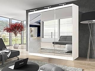 Modern Double Full Mirror sliding door wardrobe with 1 LED Light Width 100cm/120cm/150cm/180cm/203cm/250cm(250cm, White)