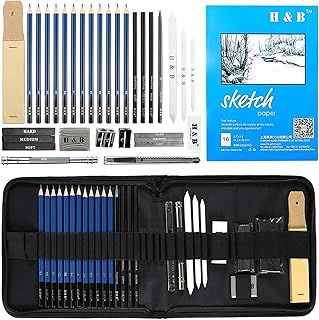 H & B Sketch Pad and Pencils Set 33 Pcs, Art Supplies Art Kit with Sketch Book Drawing Charcoal Pencil Eraser Sharpener Pencil Extender & Canvas Art Bag for Artist Beginners Kids Adults