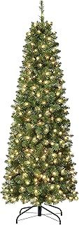 Celebright 6ft/1.8m Artificial Pencil Slim Space Saving Christmas Tree, Pre Lit With 300 Warm White & Multi Colour LED Lights - On/Off Pedal Included - 11 Light Functions(Green)