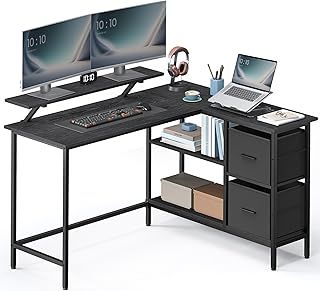 VASAGLE L-Shaped Desk with 2 Spacious Drawers, Gaming Desk with Monitor Stand, Corner Desk, Computer Desk with Adjustable Storage Shelf, for Home Office, Ebony Black LWD097B56