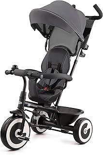 Kinderkraft Aston Tricycle, Baby Push Trike, Kids First Bike, Free Wheel Functions, Parenthandle, Footrest, Accessories, Bag, Cupholder, from 9 Months to 5 Years, Gray