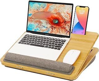 Lap desk,Bamboo Laptop Tray - Ergonomic Design with Cushion. Adjustable Tilt Angle and Height, with Tablet Phone Holder,for Comfortable Work Anywhere - Ideal for Home Office, Sofa, Bed,Car Couch
