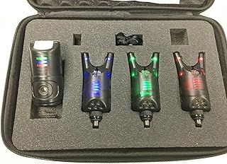 TMC Set of 3 x Wireless Carp bite alarms & Receiver. Rolling Memory LED's, 2.5mm Jacks, 20 Second Memory LED, Supplied in a Case