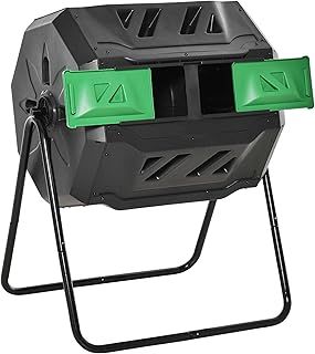 Outsunny 160L Tumbling Compost Bin Outdoor Dual Chamber 360° Rotating Composter, Garden Compost Bin w/Sliding Doors & Solid Steel Frame, Black