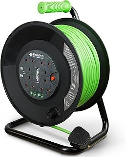 50 Metre Portable Cable Reel Extension Lead - 4 Shuttered Sockets, Thermal Cut Out, Ergonomic Handle, Green/Black - Heavy Duty Extension Cord for Indoor Use (50 Metre)