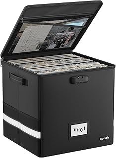 Vinyl Record Storage Box with Lock,Fireproof＆Waterproof Vinyl Storage Case for 12 inch Records Holds up to 100+ Single Records,Collapsible Portable Record Organizer for Collecting Valuable Album