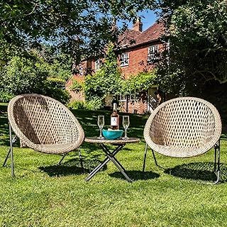 Faux Rattan Bistro Set - Choice of Colours - Conservatory Garden Patio and Decking Furniture Chairs and Glass Top Table Set (Natural Clay)