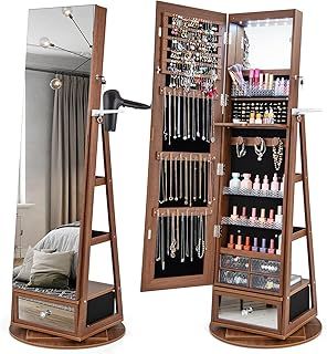 360° Swivel Jewellery Cabinet, 4 in 1 Standing Jewelry Armoire with Full-Length Mirror, LED Lights, Rear Shelves and Hair Dryer Rack, Lockable Jewellery Organiser (Walnut)