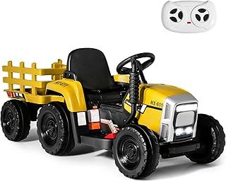 GYMAX Kids Electric Tractor with Detachable Trailer, Remote Control, LED Lights, Music, Horn, USB & Bluetooth, 12V Battery Powered Ride on Car for 3 Years Old + Boys Girls (Yellow)