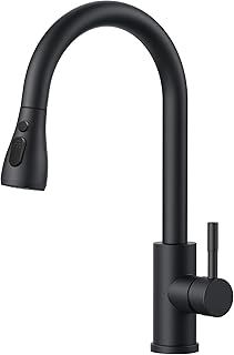 FORIOUS Kitchen Sink Taps Mixer with Pull Out Spray, Swivel Single Handle High Arc Pull Down Stainless Steel Kitchen Faucet, Matte Black