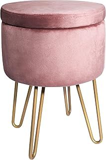 Round Velvet Vanity Stool with Storage, Pink Dressing Table Chair with Gold Metal Legs, Soft Ottoman Seat, Shoe Bench & Toy Book Organizer, for Bedroom, Living Room, Hallway, 6.38L Capacity