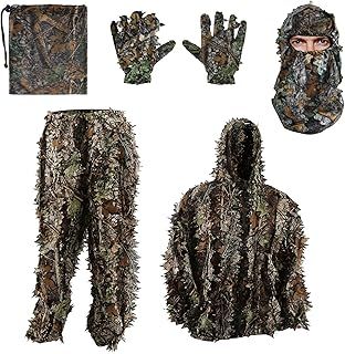 Zicac Outdoor Ghillie Suit Camouflage 5-piece Suit, 3D Leaf Camouflage Uniform, Mask, Gloves, Storage Bag Set, Suitable for Outdoor Hunting, Wildlife Photography, CS Game, Halloween