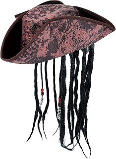 HENBRANDT Deluxe Brown Pirate Hat with Hair Braids and Beads Caribbean Pirate Captain Dress Up Imaginative Play Halloween Fancy Dress Costume Accessory for Kids and Adults