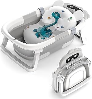 Foldable Baby Bath Tub,Baby Essentials for Newborn Baby Bathtub with Non-Slip Support Cushion Travel Portable Collapsible Baby Bath for Newborns 0-24 Months Infants and Toddler(Grey)