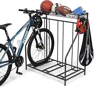 Bike Stand Rack, 3 Bicycle Floor Parking Stand, Bike Rack Garage Organizer with Storage Basket & Hooks,3 Widths Adjustable Bike Slot for Mountain, Hybrid, Indoor Outdoor Bike Storage Station