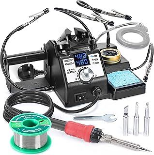 926LED IV 60W Digital Soldering Iron Station Kit w Temperature Stabilization for Soldering & Desoldering w Helping Hands 5 Soldering Iron Tips Lead-Free Solder Solder Sucker UK Plug (Silver)